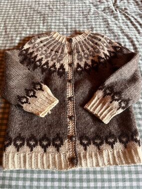 Handmade Icelandic-Style Wool Cardigan in Taupe and Cream